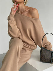 Love of Laura Set l Lässiges zweiteiliges Damen-Oberteil mit einer Schulter und bequemer Hose mit weitem Bein