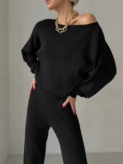 Love of Laura Set l Lässiges zweiteiliges Damen-Oberteil mit einer Schulter und bequemer Hose mit weitem Bein