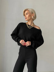 Love of Laura Set l Lässiges zweiteiliges Damen-Oberteil mit einer Schulter und bequemer Hose mit weitem Bein