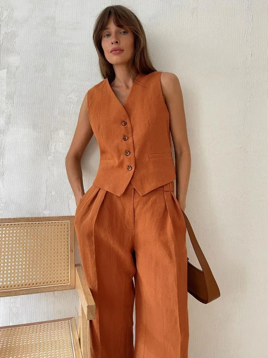 Tanya l Sommer-Chic-Weste und -Hose aus Leinen und Baumwolle für Damen