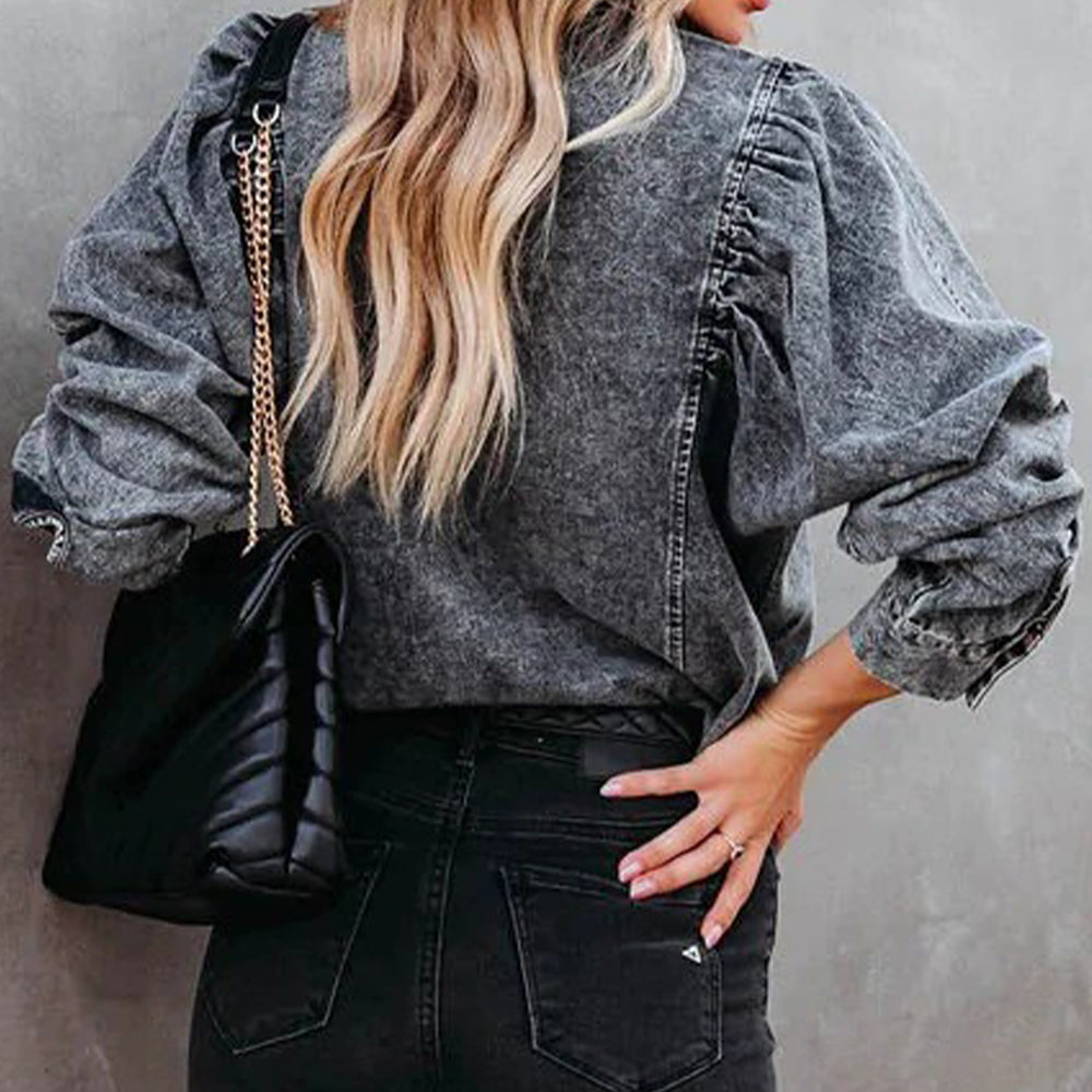 Arwen | Geknöpfte Jeansbluse für Damen mit Puffärmeln