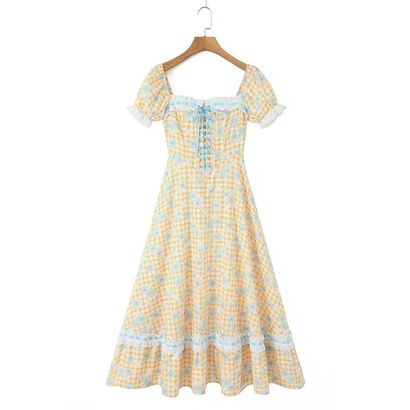 Xolani l Florales Midikleid mit Schnürkorsett und Puffärmeln