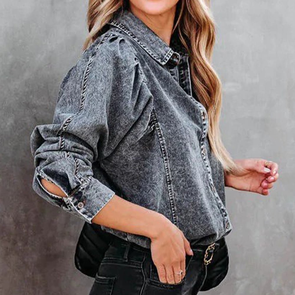 Arwen | Geknöpfte Jeansbluse für Damen mit Puffärmeln