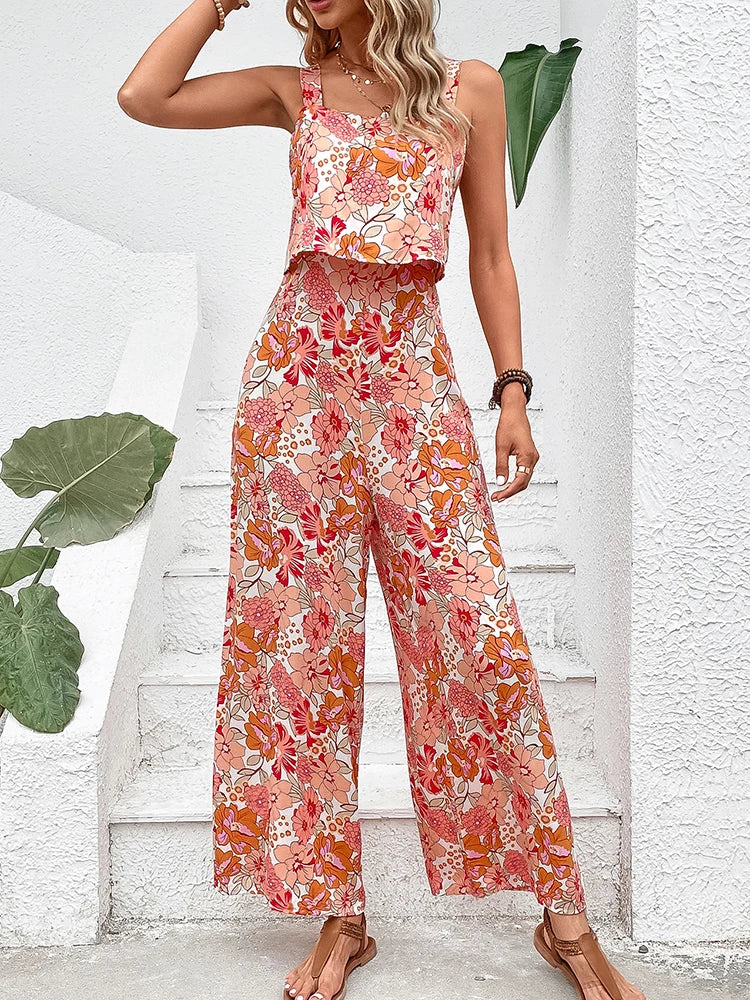 Nadil l 2-teiliges Sommer-Damen-Set mit Blumenmuster [Oberteil + weite Hose]