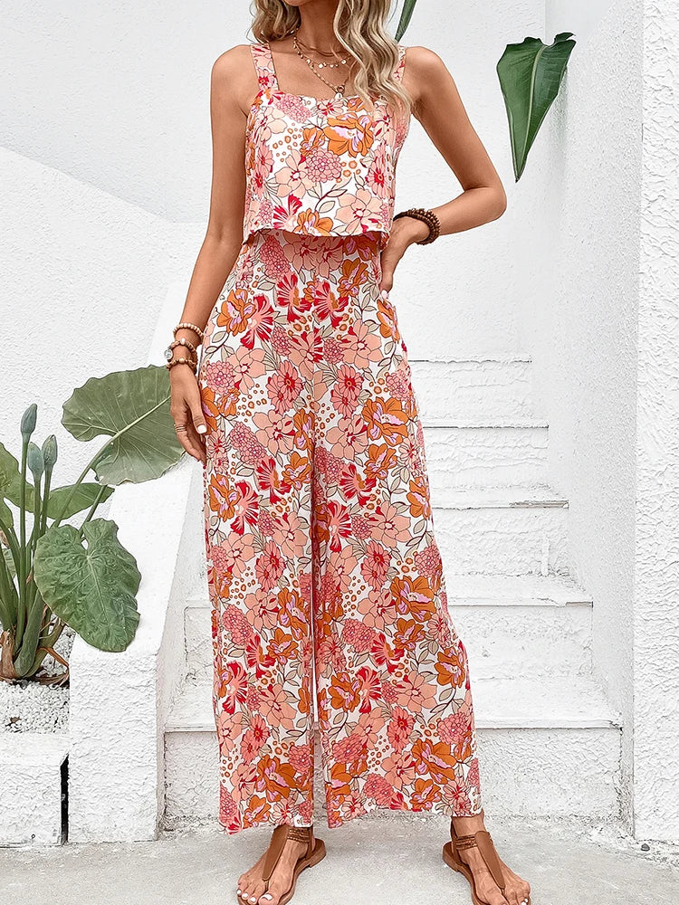 Nadil l 2-teiliges Sommer-Damen-Set mit Blumenmuster [Oberteil + weite Hose]